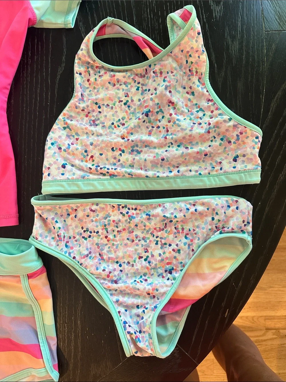 Eddie Bauer Girls' reversible Pink & Mint Striped 4-Piece Swim Set